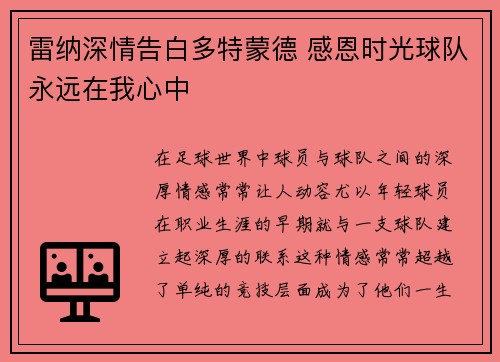 雷纳深情告白多特蒙德 感恩时光球队永远在我心中