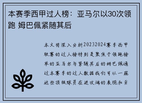 本赛季西甲过人榜：亚马尔以30次领跑 姆巴佩紧随其后